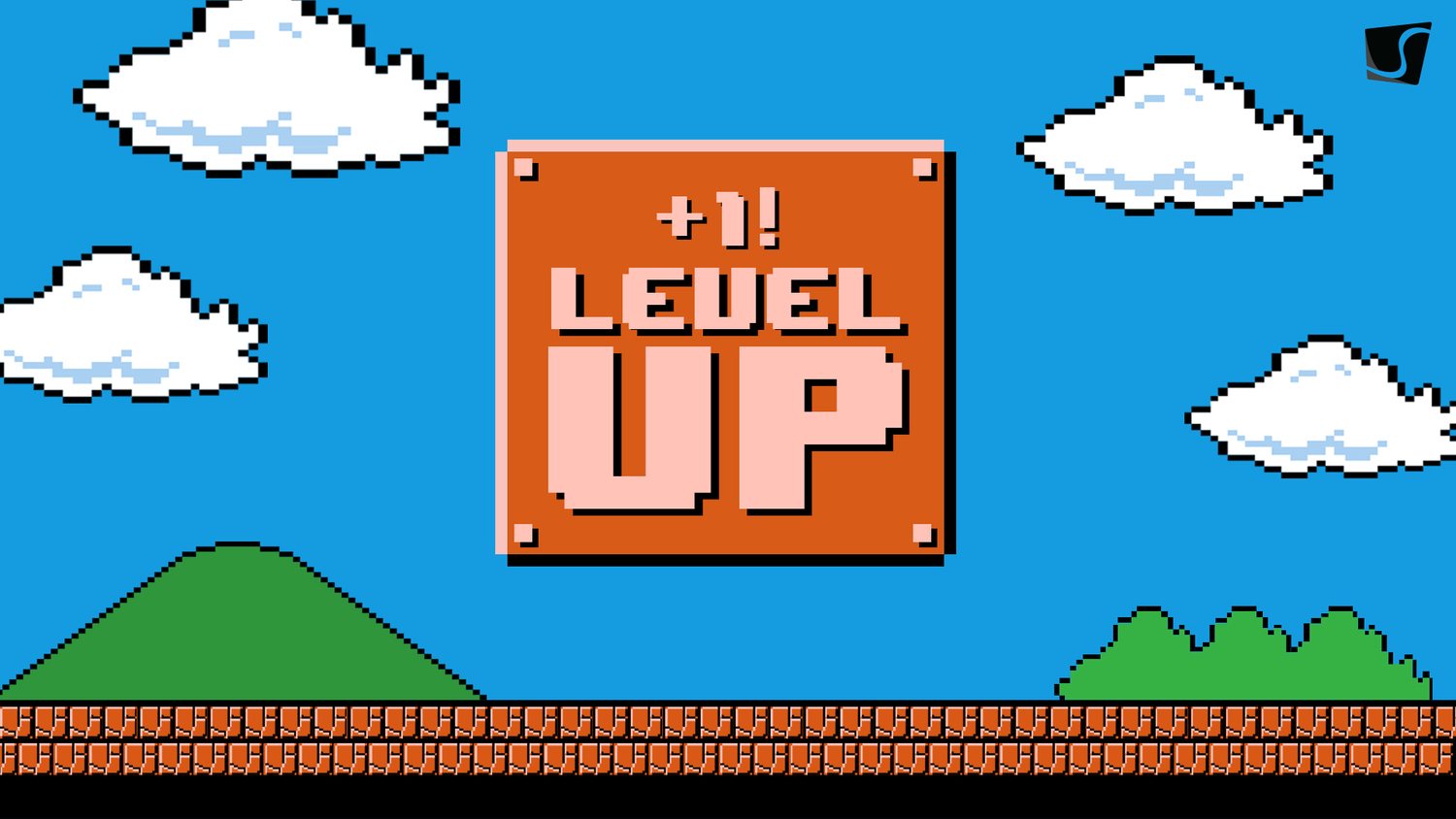 Video game graphic of a block that reads "+1 Level Up"