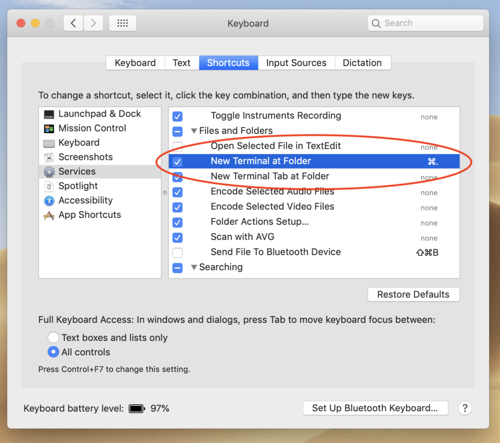 How to enable new terminal at folder shortcut on your Mac.