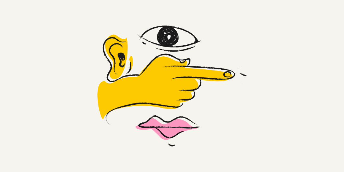 Illustration of an eye, ear, mouth and hand pointing forward