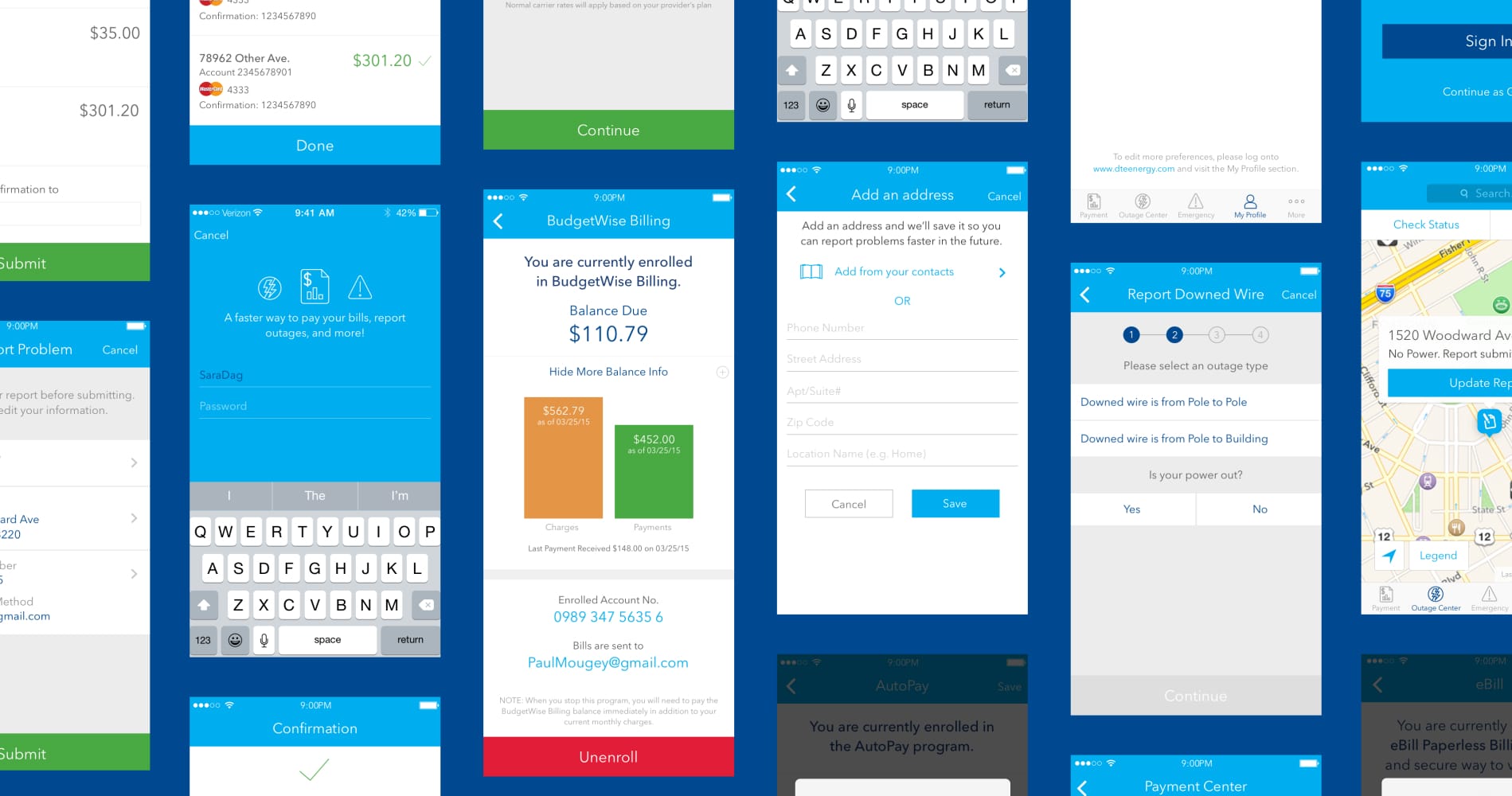 DTE Energy mobile app screens